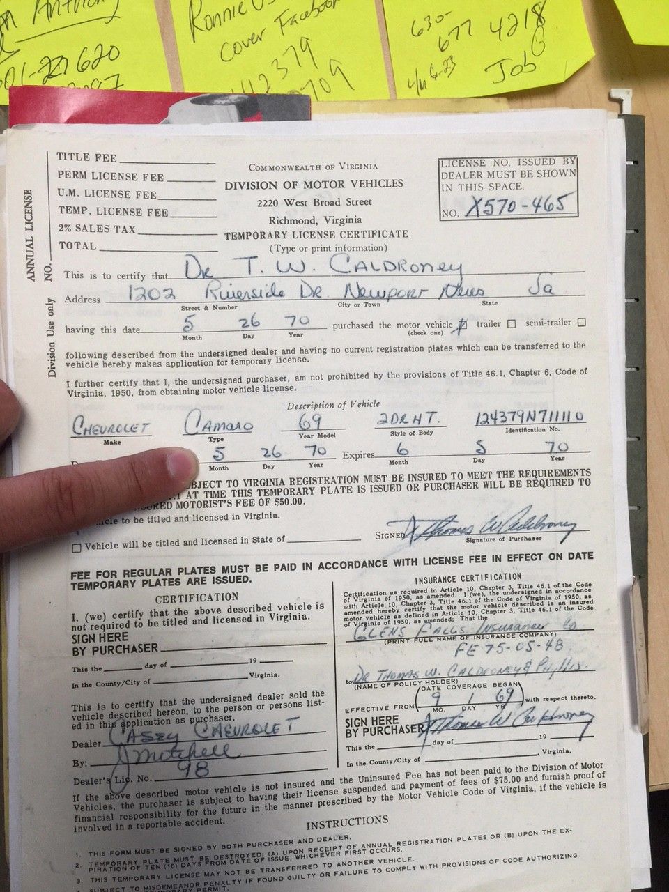 Used 1969 Chevrolet Camaro YENKO CLONE-NEW PAINT JOB-X11CODE-ORIGINAL BILL OF SALE FROM DAY 1 | Mundelein, IL
