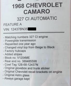 Used 1968 Chevrolet Camaro -NUMBERS MATCHING- NEW PAINT- SHOW READY- | Mundelein, IL