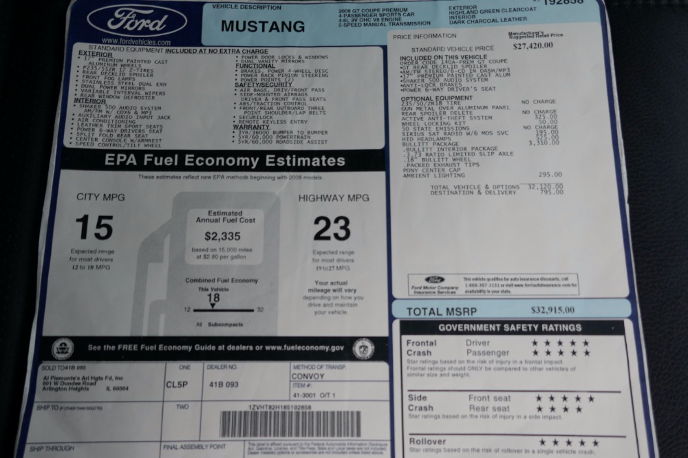 Used 2008 Ford Mustang -BULLITT- 4.6 L V8 WITH 5-SPEED MANUAL TRANS-ONE OWNER-MINT CONDITION- | Mundelein, IL