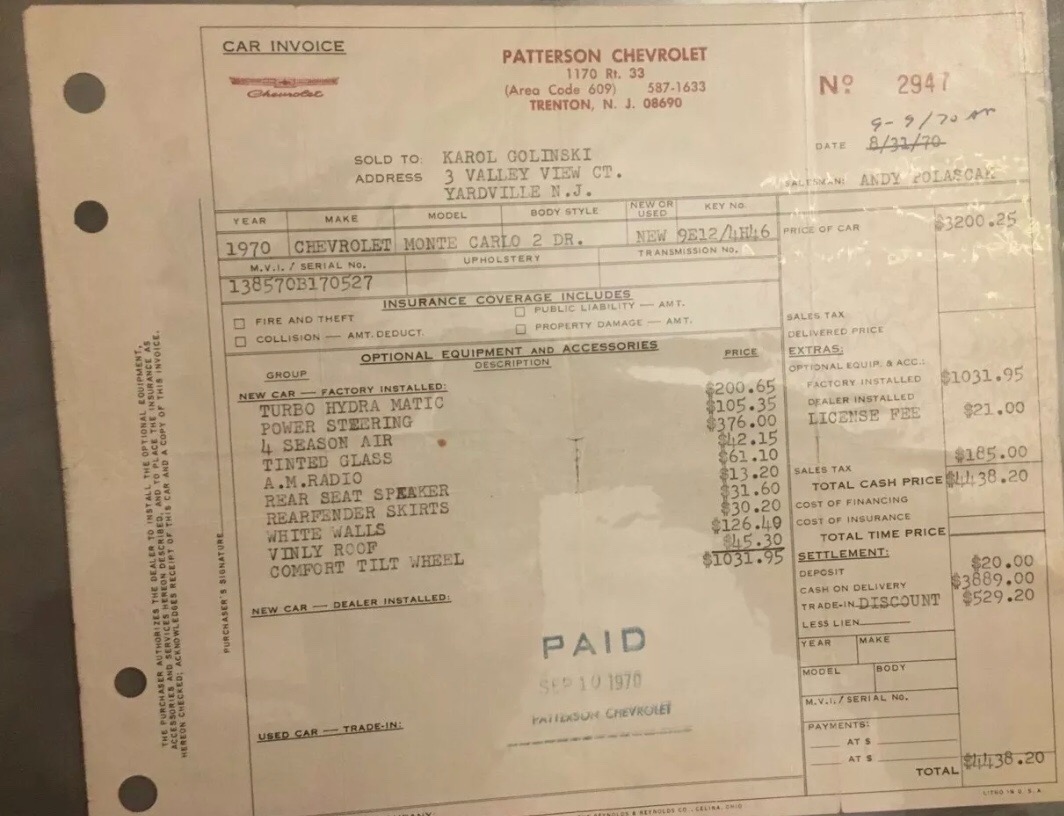 Used 1970 Chevrolet Monte Carlo -FACTORY BILL OF SALE-NICE CLASSIC-SEE VIDEO | Mundelein, IL