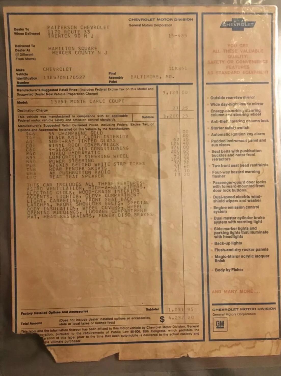 Used 1970 Chevrolet Monte Carlo -FACTORY BILL OF SALE-NICE CLASSIC-SEE VIDEO | Mundelein, IL