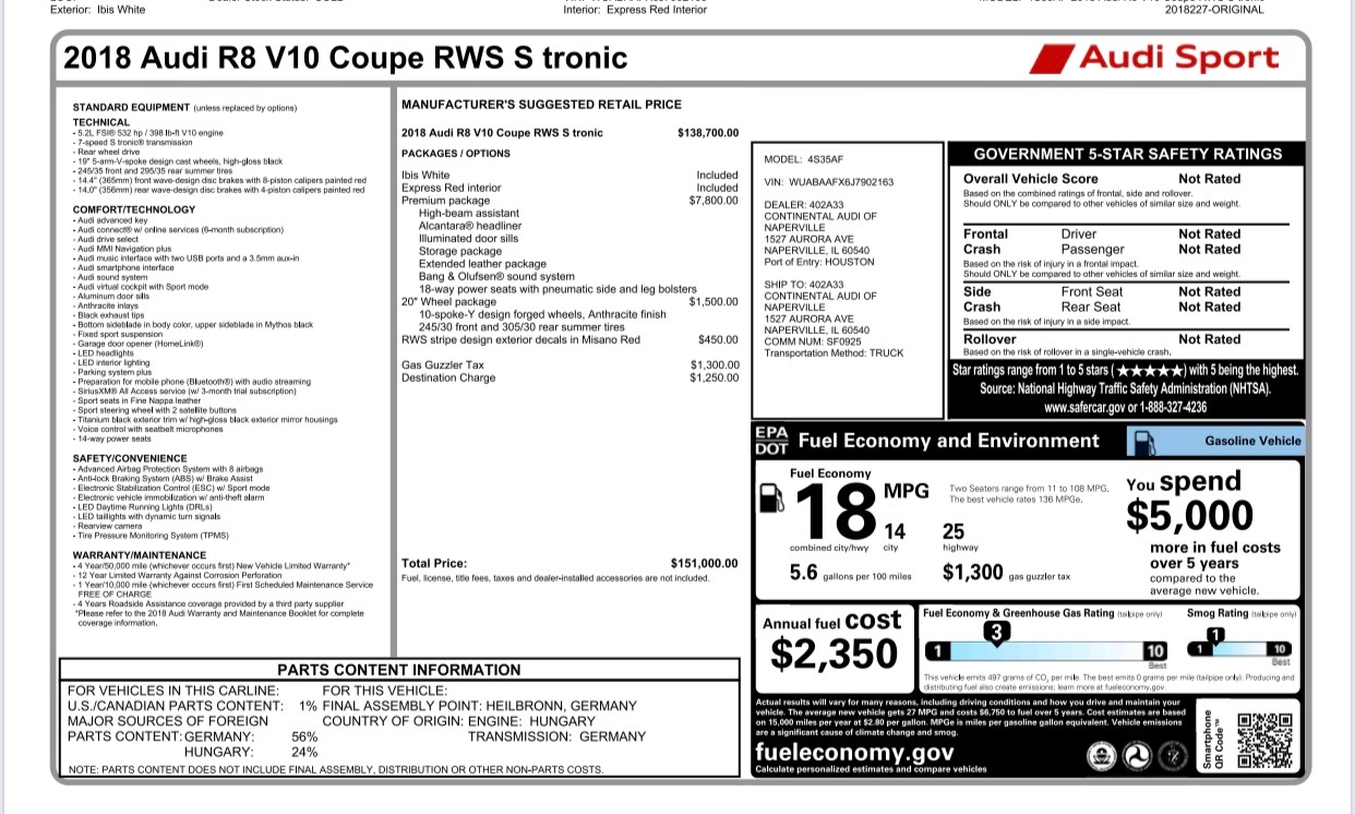 Used 2018 Audi R8 5.2 V10 RWS - SEE VIDEO | Mundelein, IL