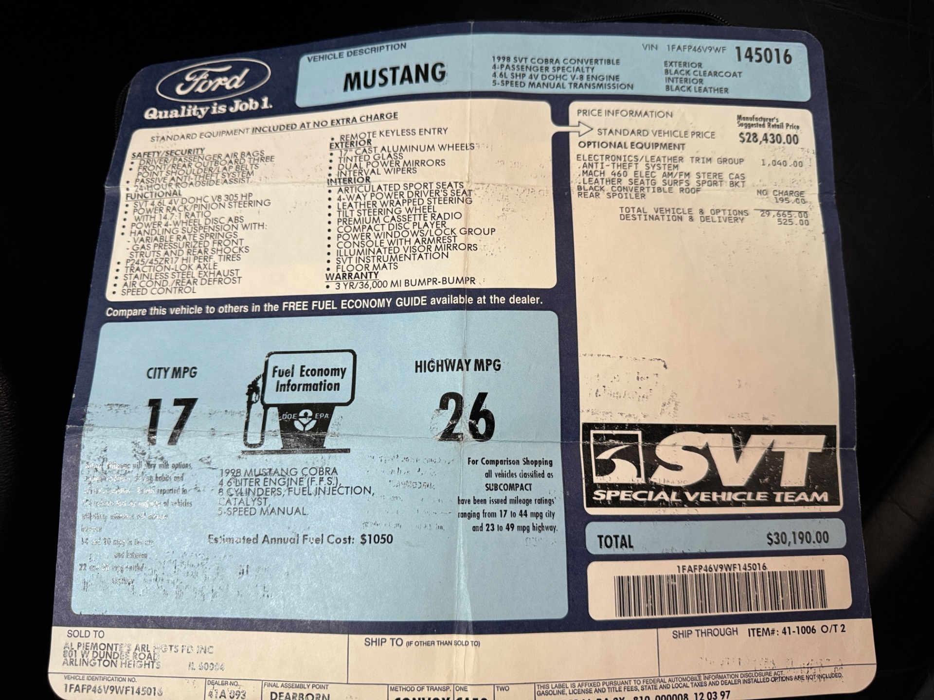 Used 1998 Ford Mustang - SVT COBRA CONVERTIBLE - 5 SPEED - | Mundelein, IL