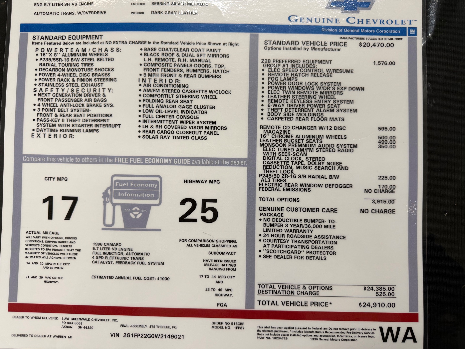 Used 1998 Chevrolet Camaro - Z/28 - VERY LOW MILES - ORIGINAL CONDITION -SEE VIDEO | Mundelein, IL