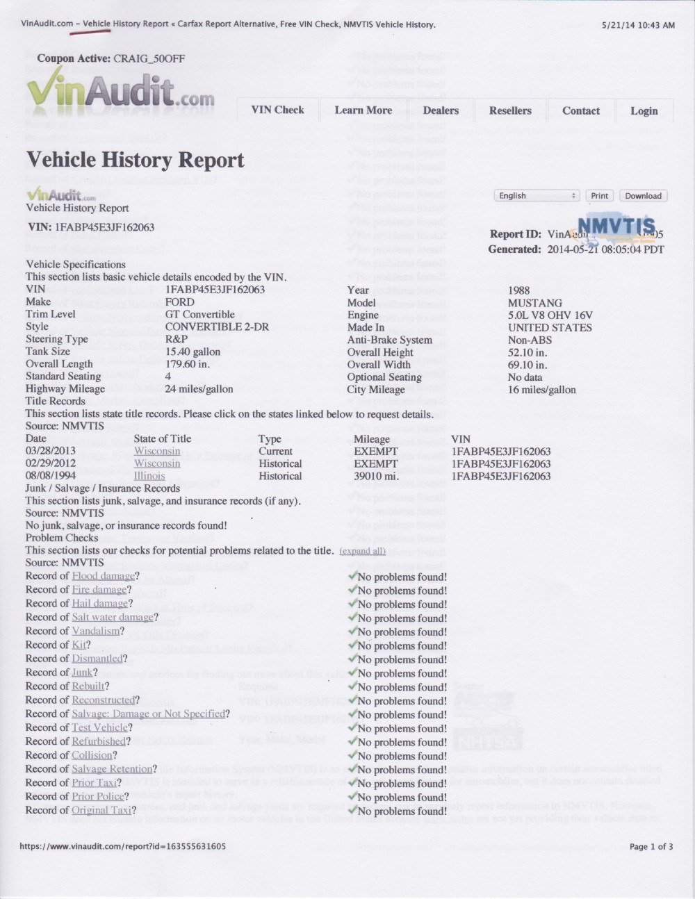 Used 1988 Ford Mustang GT CONVERTIBLE-LOW MILES-ORIGINAL-CLEAN VIN REPORT-SEE VIDEO | Mundelein, IL